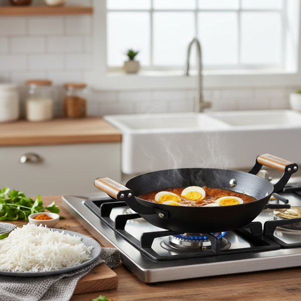 Ferro Light-weight Cast-iron Kadhai | 20cm | Pre-seasoned with 100% Vegetable Oil | 40% Lighter than Regular Cast-iron Cookware | Cool-touch Real Acacia Wood Handles | 10-Year Warranty