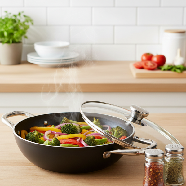Eco-Glide Kadhai with Glass Lid | | Chemical-free Ceramic Coating | 24cm, 2.5L | Healthy, Low Oil Meals | Scratch-resistant | Stainless-steel Handle | Gas & Induction Compatible | Grey