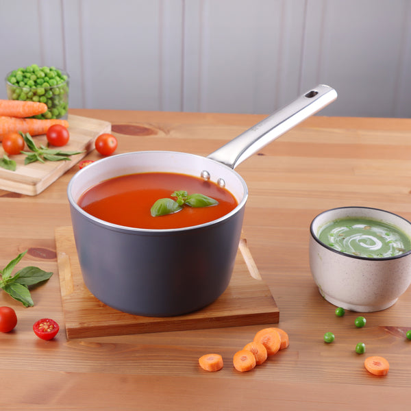Eco-Glide Saucepan | Chemical-free Ceramic Coating | 16cm, 1.75L | Healthy, Low Oil Meals | Scratch-resistant | Stainless-steel Handle | Gas & Induction Compatible | Grey | Easy to Clean