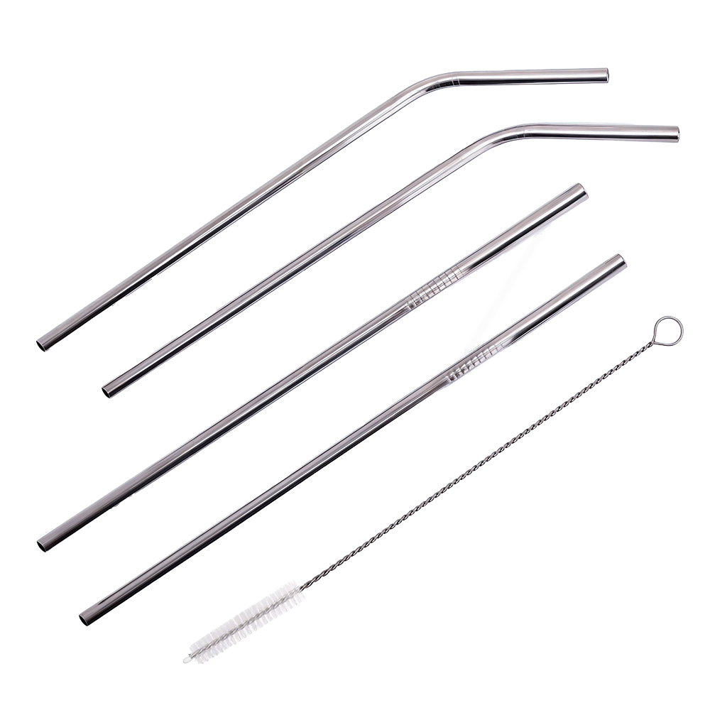 Ambrosia Straw Set (4 Pcs.) and Cleaning Brush | Food-grade Stainless-steel | Long, Reu...