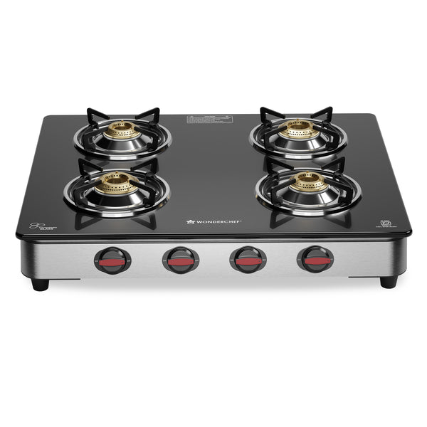 Galaxy Auto-Ignition 4 Brass Burner Cooktop, LPG Gas Stove for Kitchen, No Lighter Needed, ISI Toughened Glass Surface, SS Frame, Spill-proof Design, Ergonomic Knobs, 2-Yr Warranty
