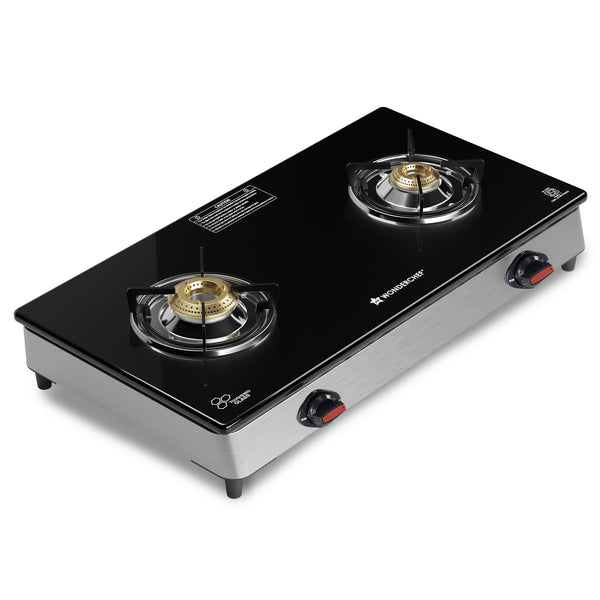 Regal 2 Brass Burner Cooktop, LPG Gas Stove for Kitchen, ISI Toughened Glass Surface, SS Frame, Spill-proof Design, Ergonomic Knobs, 2-Yr Warranty