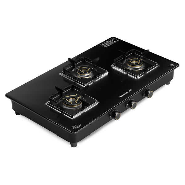 Royal 3 Brass Burner Cooktop, LPG Gas Stove for Kitchen, ISI-approved 8mm Toughened Glass Surface, 3D Brass Burners, Pan-support with Flame Guard, Spill-proof Design, 2-Yr Warranty