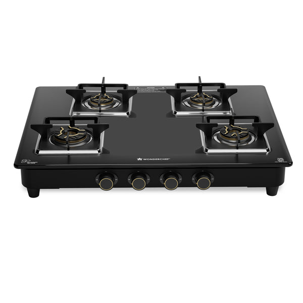 Royal 4 Brass Burner Cooktop, LPG Gas Stove for Kitchen, ISI-approved 8mm Toughened Glass Surface, 3D Brass Burners, Pan-support with Flame Guard, Spill-proof Design, 2-Yr Warranty
