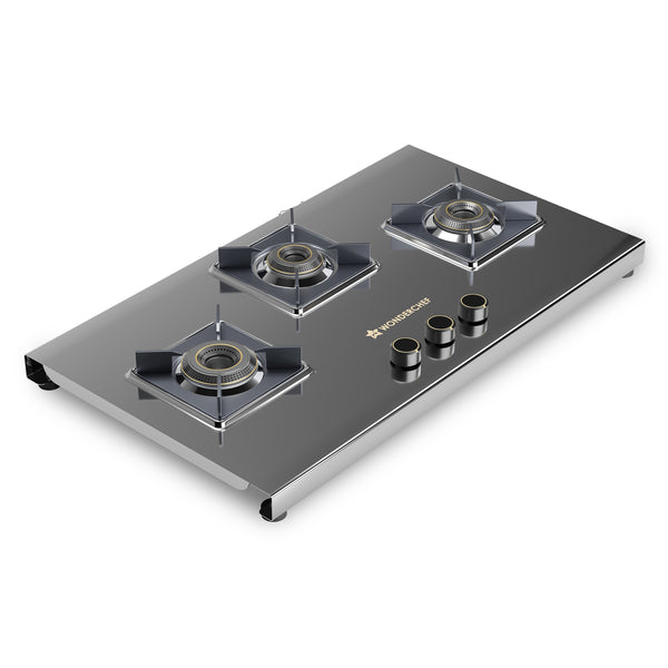 Inox 3 Brass Burner Hobtop, Thick Stainless-steel Construction, LPG Gas Stove for Kitchen, SABAF Leak-proof Valves, Spill-proof Design, Premium Metal Knobs, 2-Yr Warranty