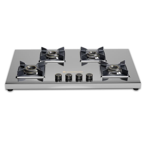 Inox 4 Brass Burner Hobtop, Thick Stainless-steel Construction, LPG Gas Stove for Kitchen, SABAF Leak-proof Valves, Spill-proof Design, Premium Metal Knobs, 2-Yr Warranty