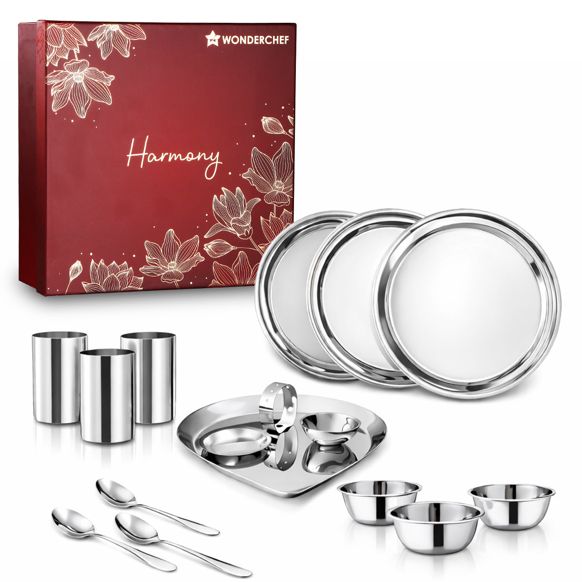 Harmony Premium Stainless-Steel Dinner & Pooja Gift Set | Plates, Bowls, Glasses, Spoon...