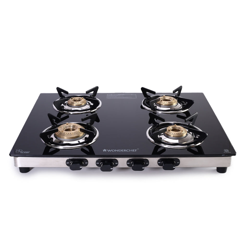 Duralife Slim Glass Cooktop 4 Burner Heavy Duty Pan Support Dual L Wonderchef India