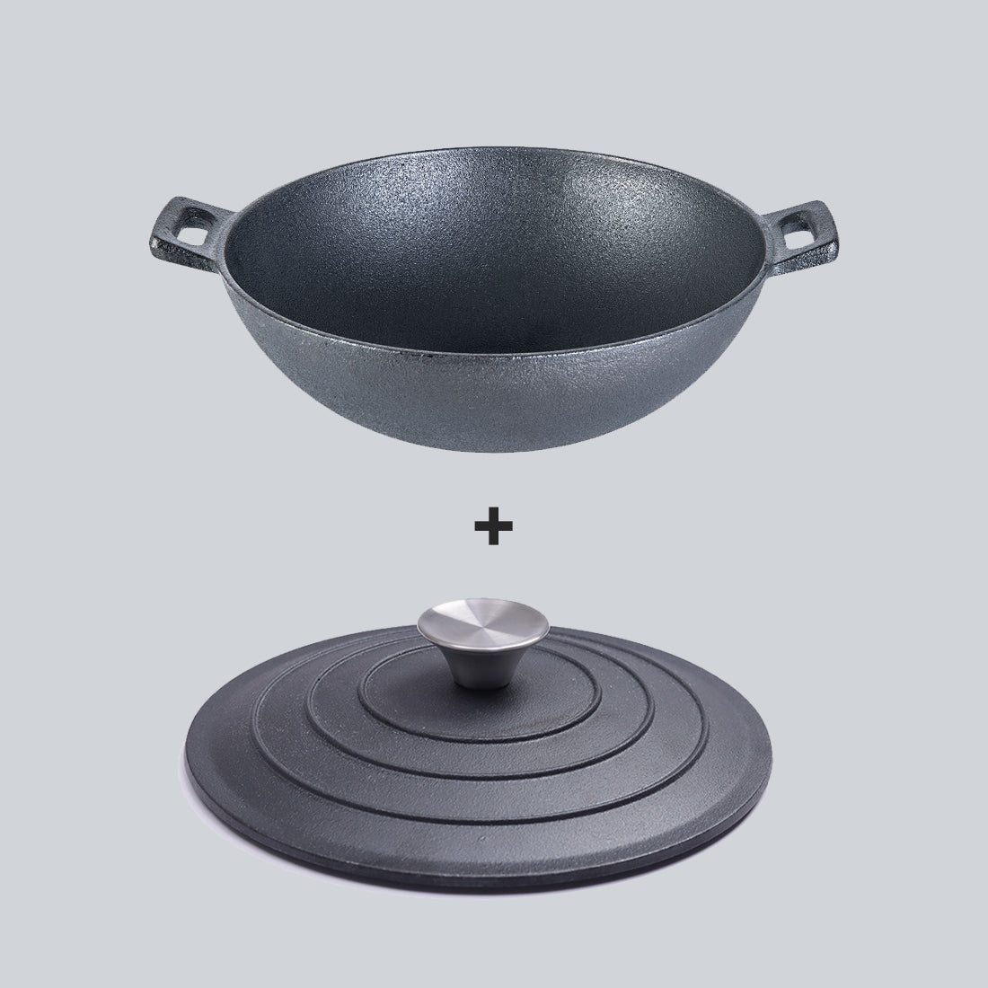 Forza 24 cm Cast-iron Kadhai with lid combo, Pre-Seasoned Cookware, Induction Friendly,...