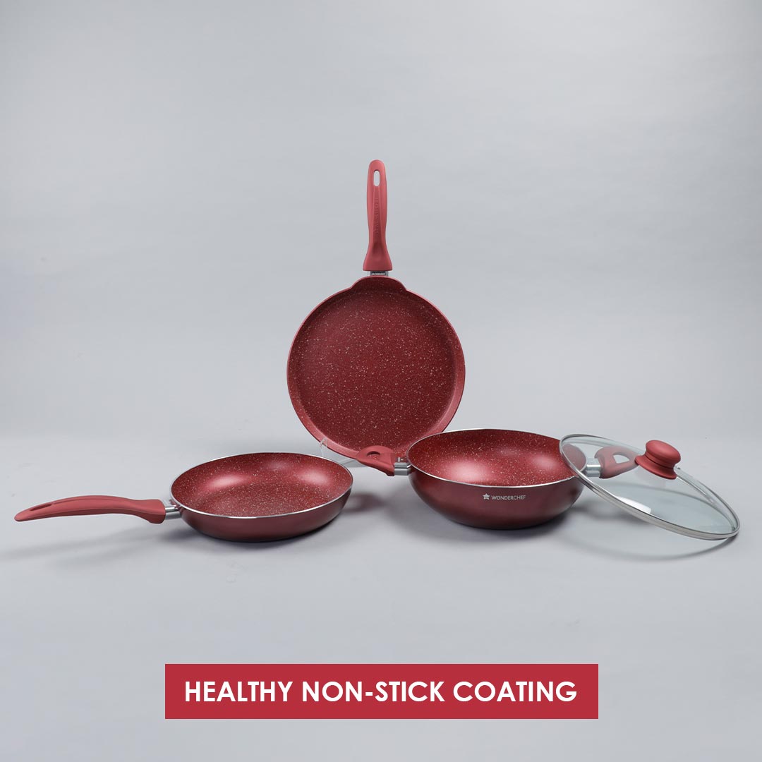 Garnet Non-Stick Cookware Set of 4 | Kadhai with Glass Lid 24cm, Fry Pan 24cm & Dosa Ta...