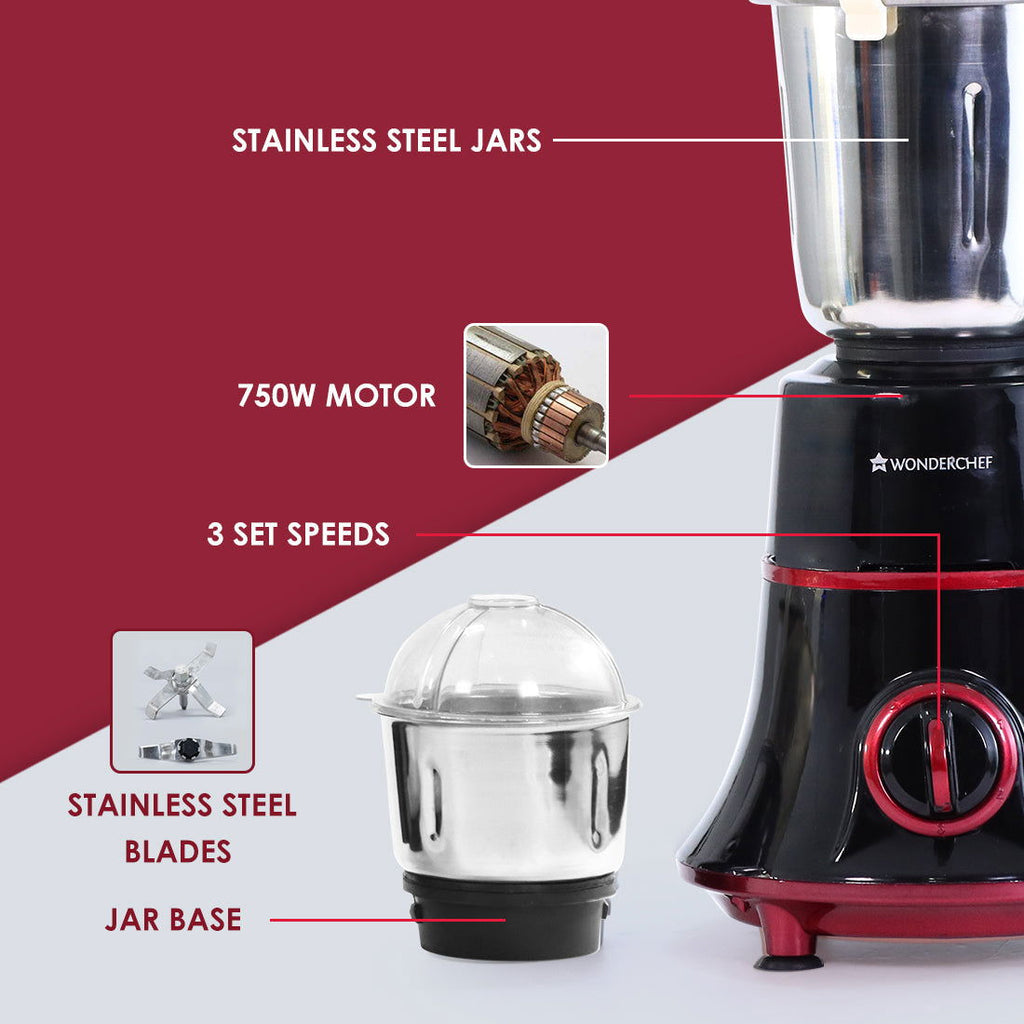 Glory Mixer Grinder 750 W with 4 Stainless Steel Jars and Anti rust S Wonderchef India