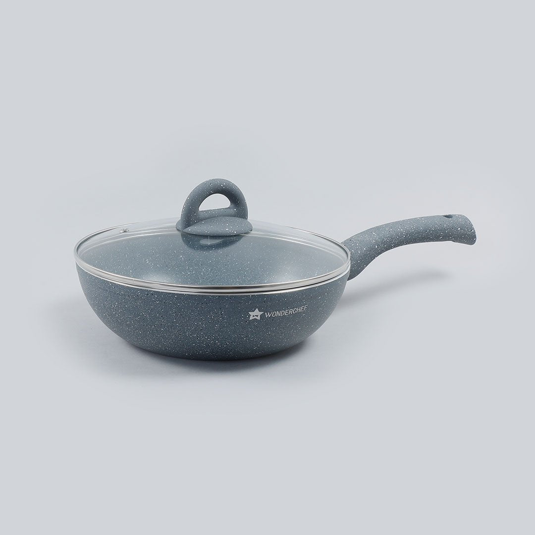 Granite 26cm Non-Stick Wok | Glass Lid | Induction Bottom | Soft-Touch Handles | Virgin...