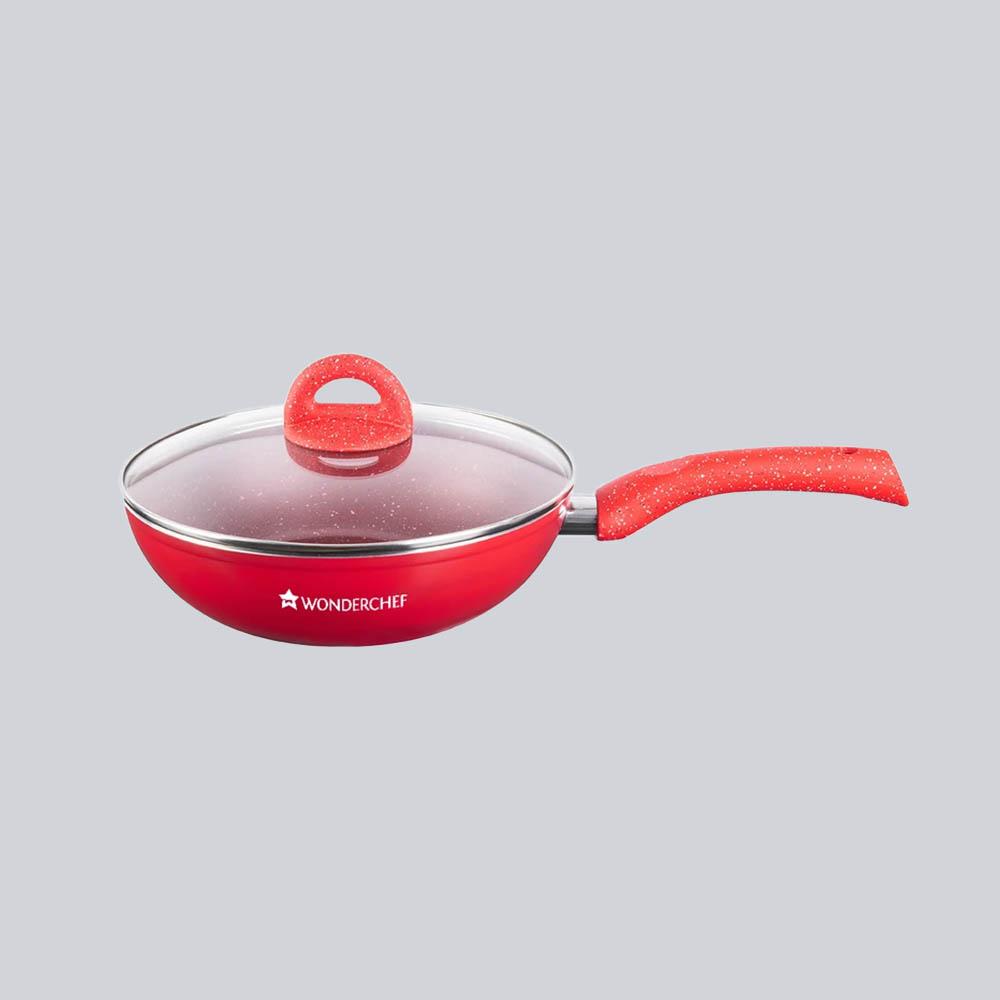 Granite Aluminium Non-stick Wok With Glass Lid, 24cm, 2.7L, 3.5mm, Red, Compatible On H...