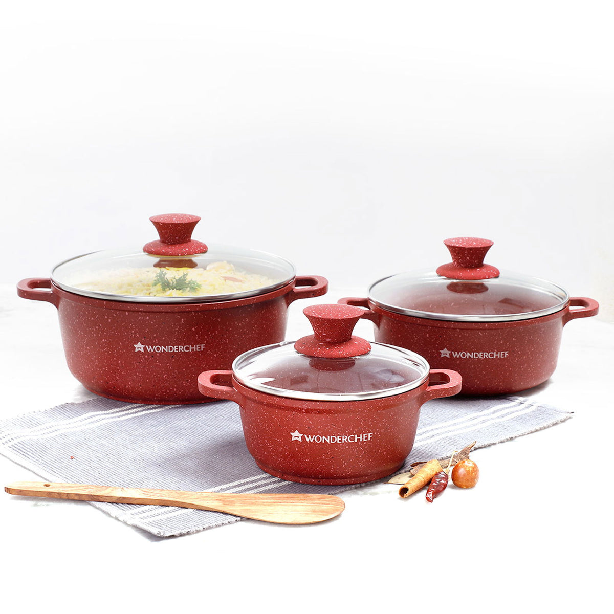 Granite Die-cast Non-stick Casserole Set, 6Pc (1150ML, 2000ML, 4500ML) With Lids, Induc...