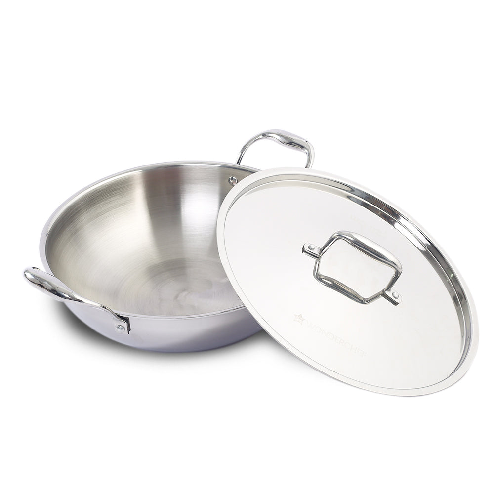 Premium Tri-Ply Stainless Steel 28 cm Kadhai with Lid | 4.1 Litres | 2.6mm Thickness | ...