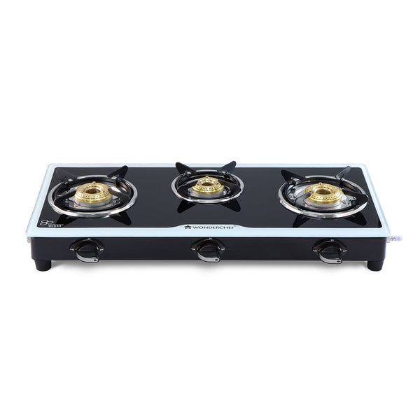 Platinum 3 Burner Manual Glass Cooktop | 6mm Toughened Glass Cooktop | Stainless Steel Drip tray | Anti-Skid Legs | Large Pan support | Manual Ignition | Black steel frame | 2 Year Warranty | Black