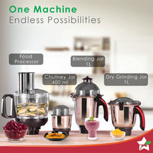 Load image into Gallery viewer, Platinum Food Processor-Mixer-Grinder | 750W Copper Motor | Blades for Slicing, Shredding, Kneading, Juliennes, French-Fries | 4 Jars for Dry/Wet Grinding, Blending | 5 Yr Warranty on Motor