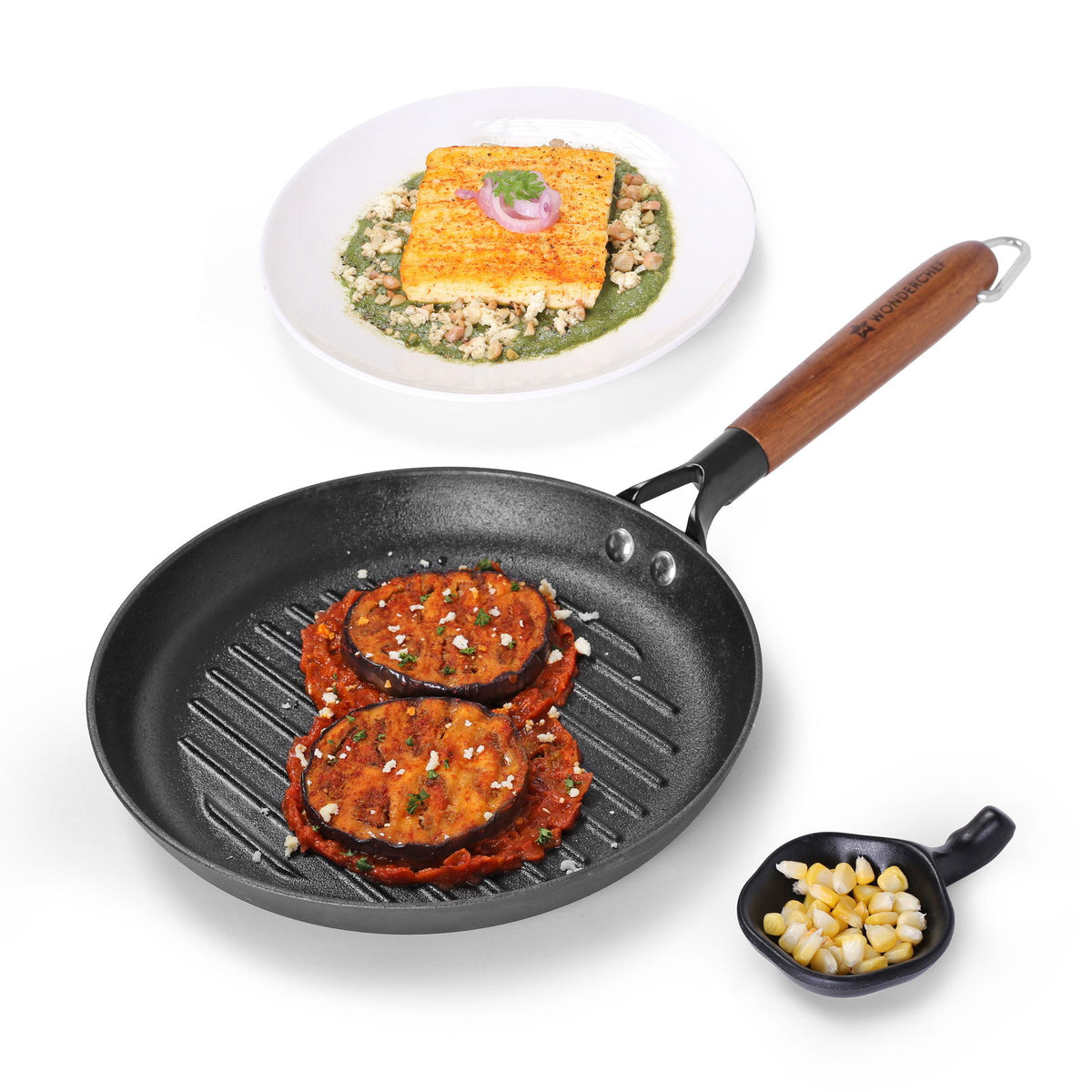 Pre-Seasoned Ferro Light 24cm Grill Pan| 2.5MM | Acacia Wooden Handles | Gravity Mouldi...