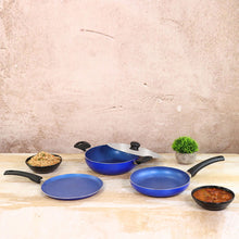 Load image into Gallery viewer, Trendy Nonstick Set,  4Pc (Kadhai With Stainless Steel Lid, Frying Pan, Dosa Tawa), Cool Touch Handles, Pure Grade Aluminium, PFOA Free, 2 Years Warranty, Blue