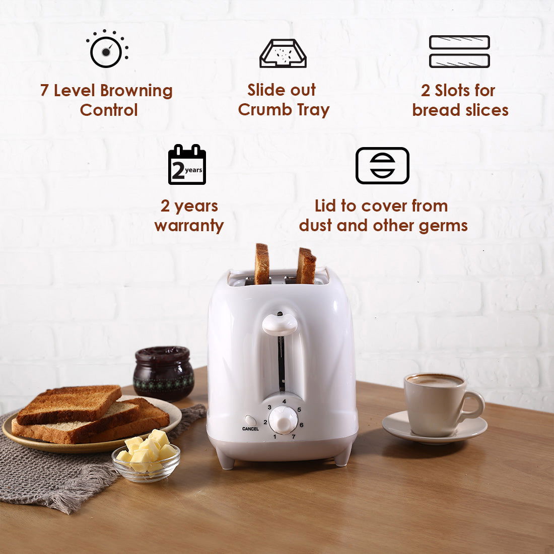 Push Button Toaster Ultima Pop-up Toaster with Lid Cover|700 Watt| 2 Bread Slice Automatic ...