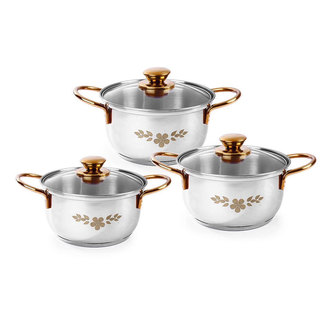 Wonderchef Renewed Gold Stanton Stainless Steel 3 piece Casserole Set with Glass Lid | ...