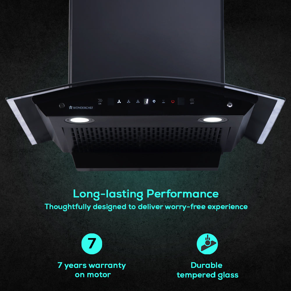 Ultima C-Line 60cm 1400 m3/hr Auto Clean Curved Glass Chimney | Baffle Filter | 1400M3/Hr powerful suction | Touch + 3 speed Motion Sensor control | Low Noise | 7 Year Warranty on Motor | Black