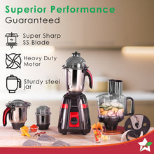 Load image into Gallery viewer, Platinum 750W Mixer Grinder with Food Processor | 4 SS Jars with Fruit Filter Jar | Powerful 750W motor | Pulse Function | Anti Skid Feets | 5 years warranty on motor | Black &amp; Red