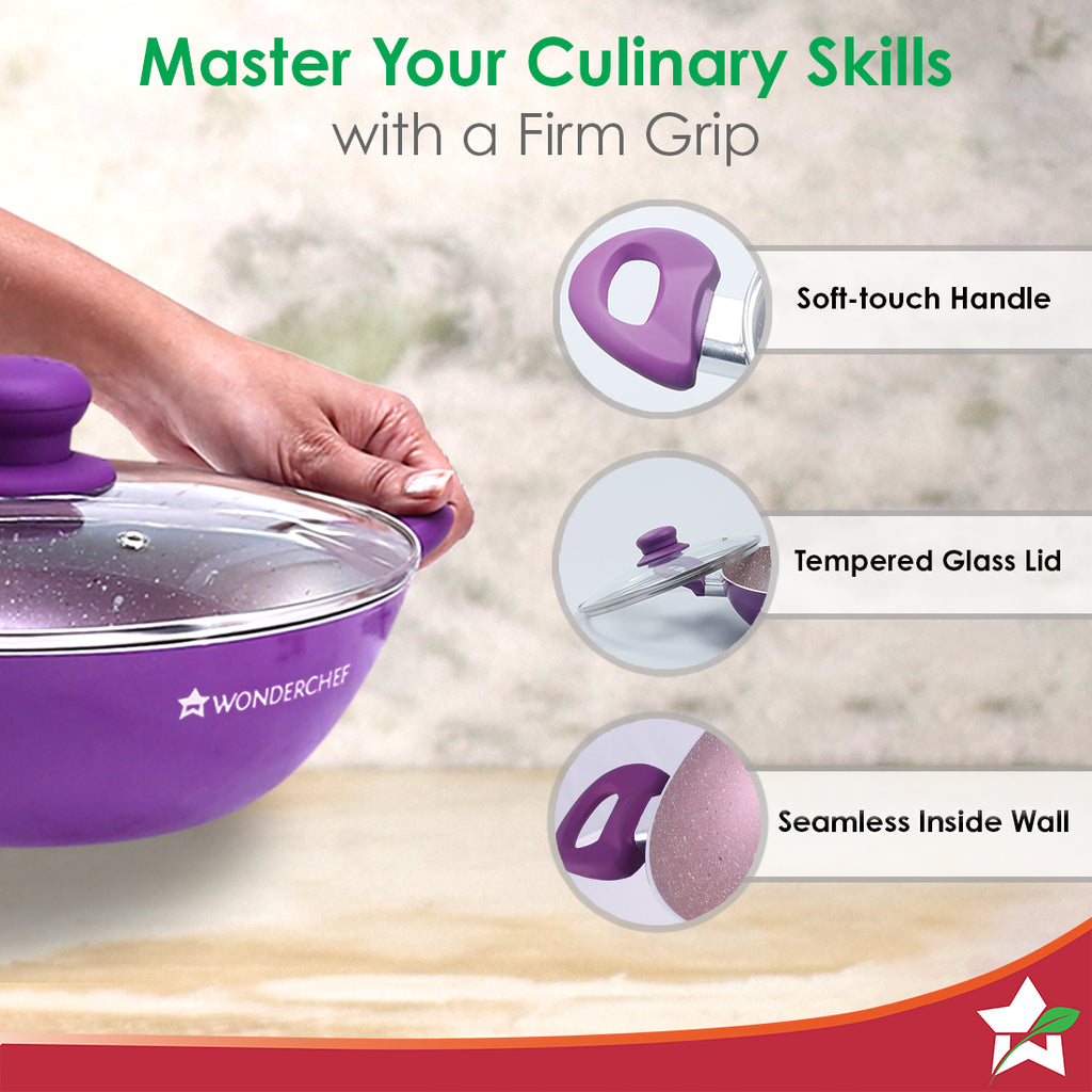 Royal Velvet Non-stick 24cm Wok with Lid and Handles | Glass Lid | Induction Ready | Soft-touch handles |Non – Toxic I Virgin Aluminium| 3 mm thick | 2 year warranty | Purple