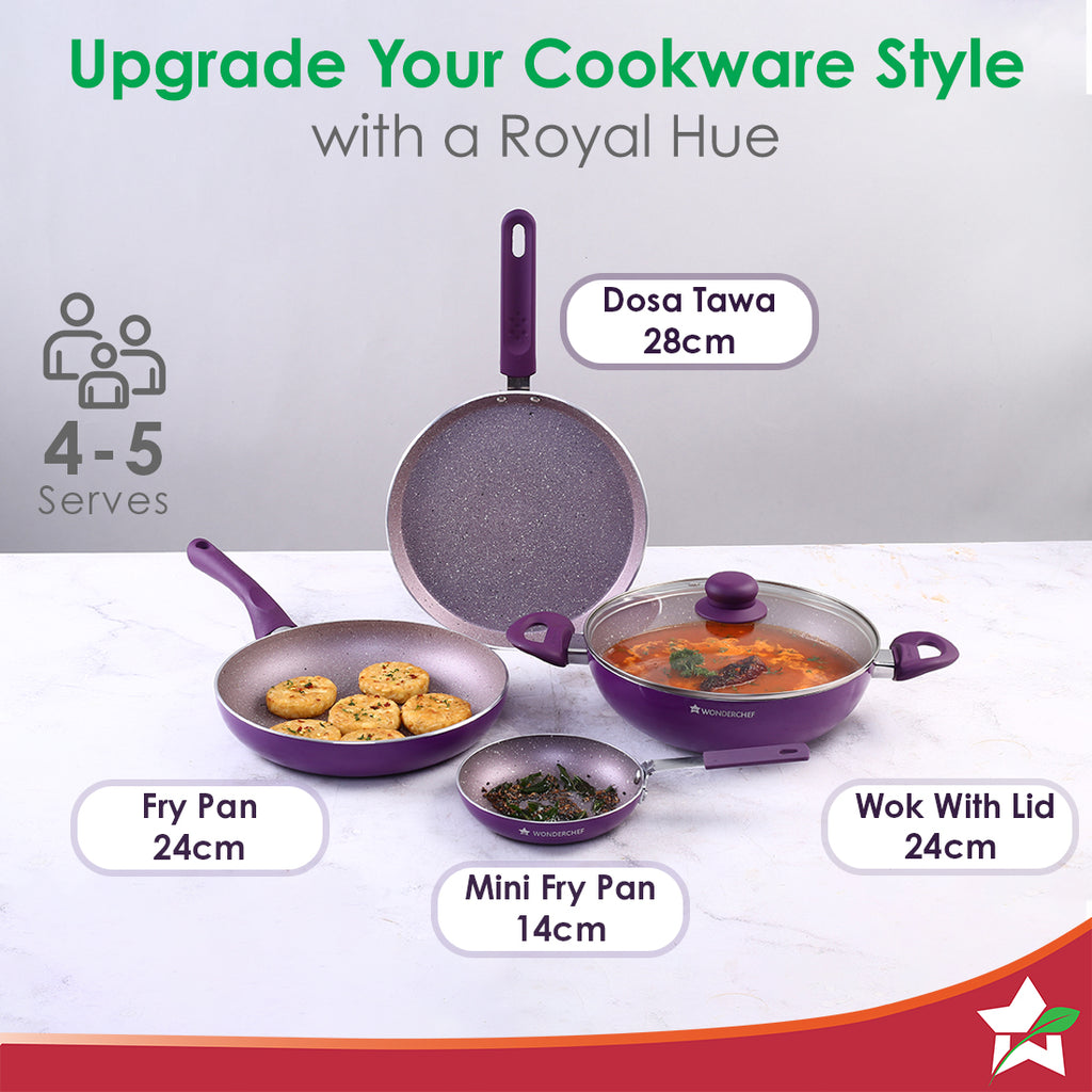Royal Velvet Non-stick 5-piece Cookware Set (Fry Pan with Lid, Wok, Dosa Tawa, Mini Fry Pan) | Induction Ready | Soft-touch handles |Non – Toxic I Virgin Aluminium | 3 mm thick | 2 years warranty | Purple