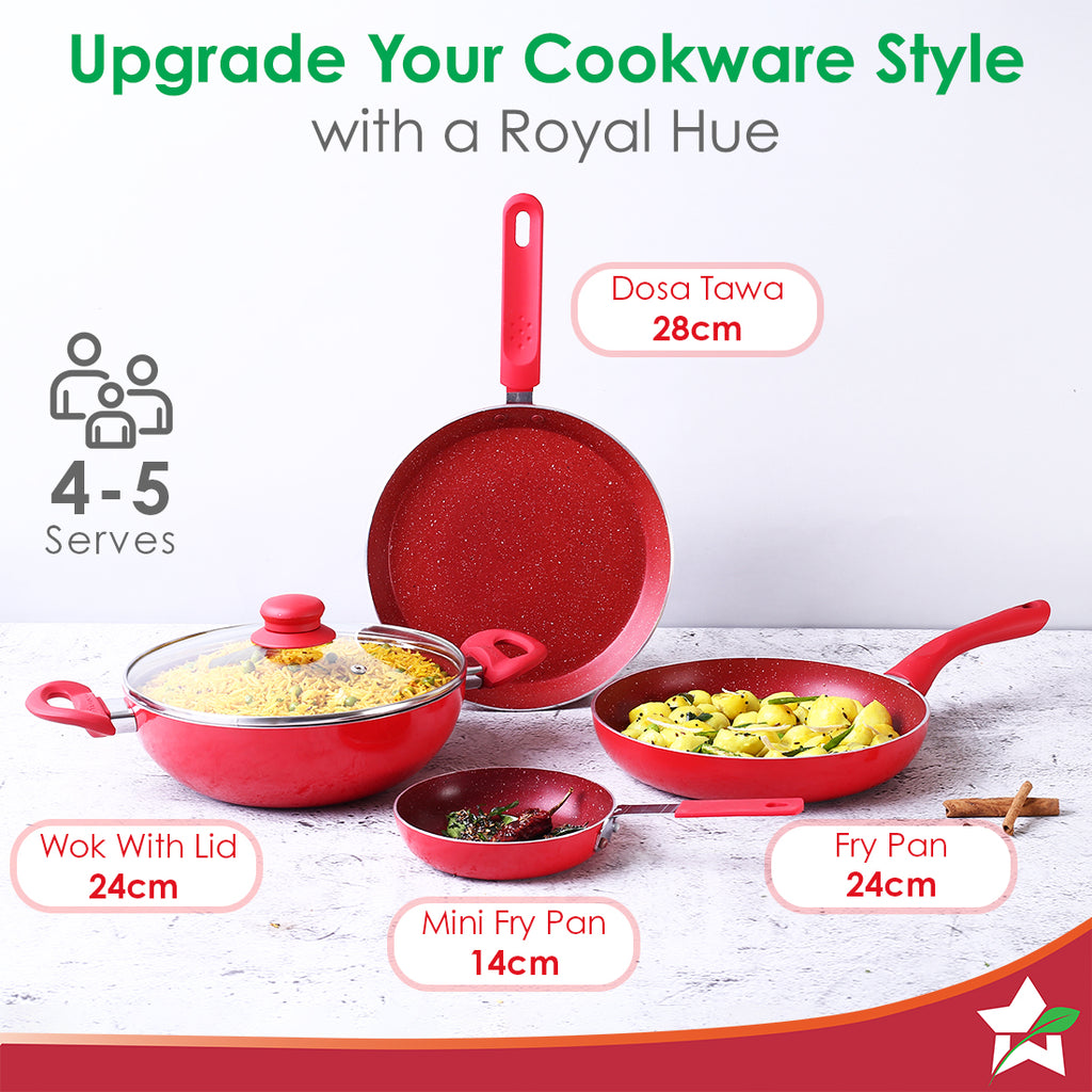 Royal Velvet Non-stick Cookware Set, 5Pc (Fry Pan with Lid, Wok, Dosa Tawa, Mini Fry Pan) Induction bottom, Soft-touch handles, Virgin Grade Aluminium, PFOA/Heavy Metals Free, 3 mm, 2 Years Warranty, Red