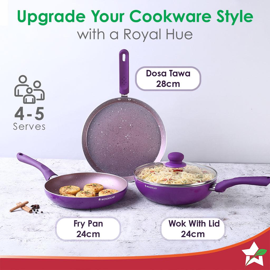 Royal Velvet Non-stick Cookware Set, 4Pc (Fry Pan with Lid, Wok, Dosa Tawa) 3mm, 2 Years Warranty, Purple