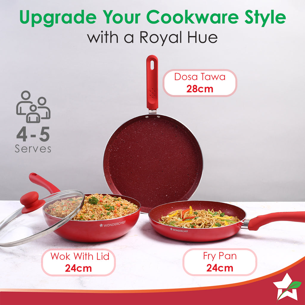 Royal Velvet Non-stick Cookware Set, 4Pc (Fry Pan with Lid, Wok, Dosa Tawa), Induction Bottom, Soft-touch Handles, Virgin Grade Aluminium, PFOA/Heavy Metals Free, 3mm, 2 Years Warranty, Red