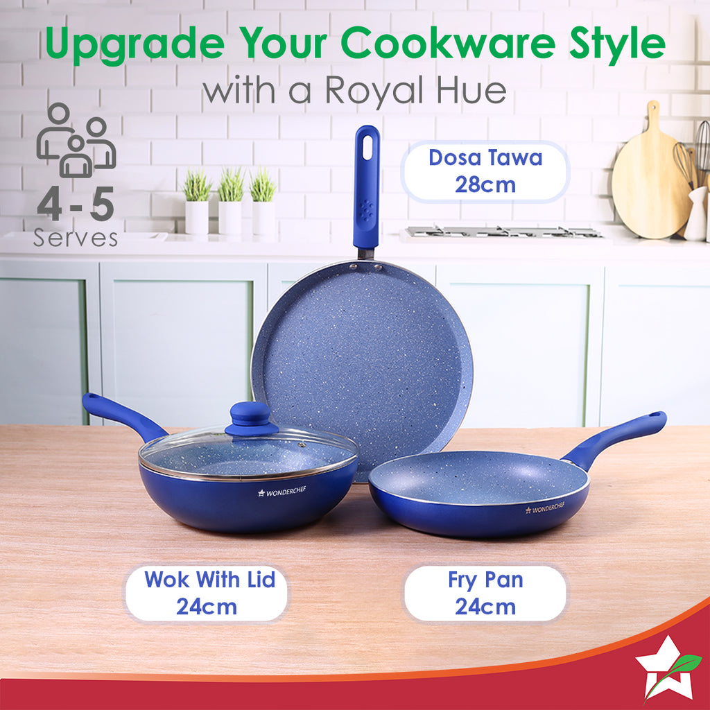 Royal Velvet Non-stick Cookware Set, 4Pc (Fry Pan with Lid, Wok, Dosa Tawa) Induction Bottom, Soft-touch Handles, Virgin Grade Aluminium, PFOA/Heavy Metals Free, 3mm, 2 Years Warranty, Blue