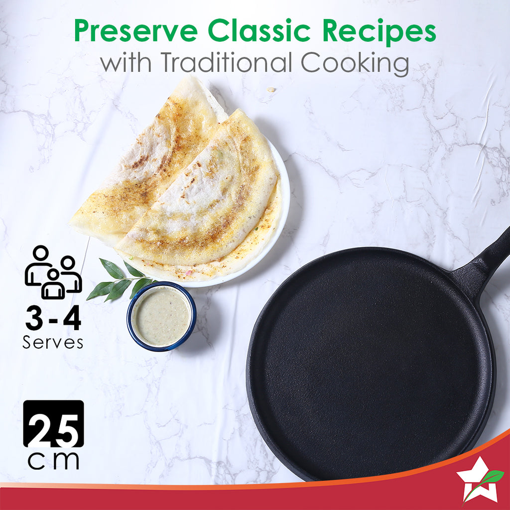 Forza Cast-Iron 25 cm Dosa Tawa Pan | Pre-Seasoned Cookware | Induction Friendly | 3.8 mm| With Lifetime Exchange Warranty