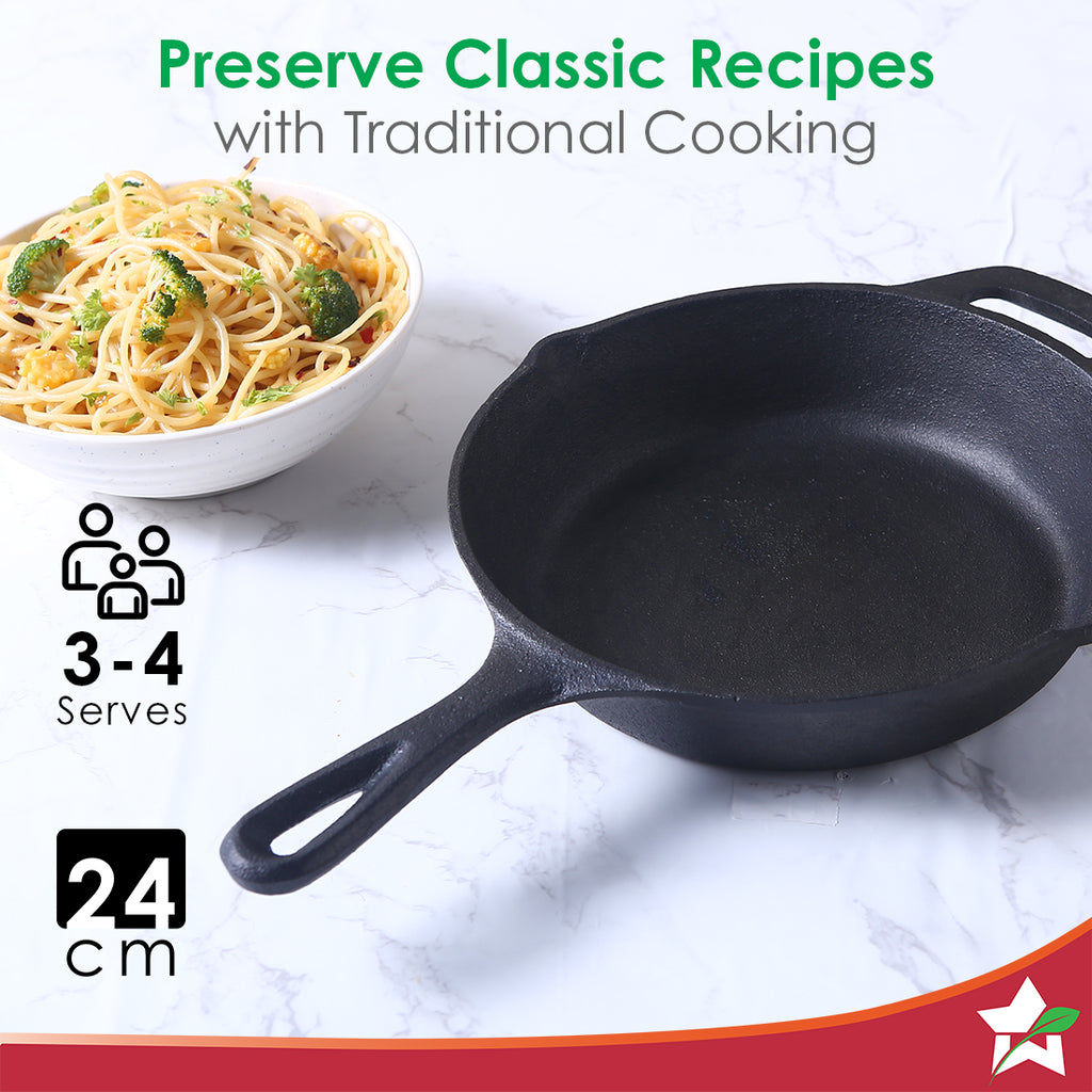 Forza Cast-iron 24 cm Fry Pan, Pre-Seasoned Cookware, Induction Friendly, 3.8 mm