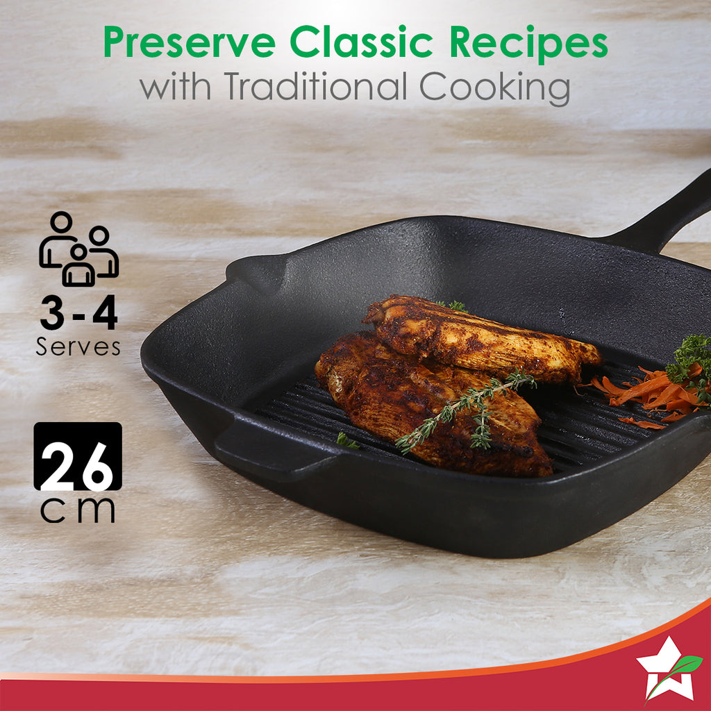 Forza Cast-iron 26 cm Grill Pan, Pre-Seasoned Cookware, Induction Friendly, 3.8 mm