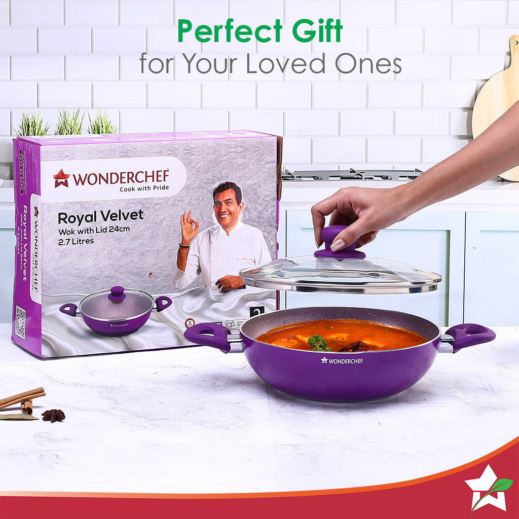 Royal Velvet Non-stick 24cm Wok with Lid and Handles | Glass Lid | Induction Ready | Soft-touch handles |Non – Toxic I Virgin Aluminium| 3 mm thick | 2 year warranty | Purple
