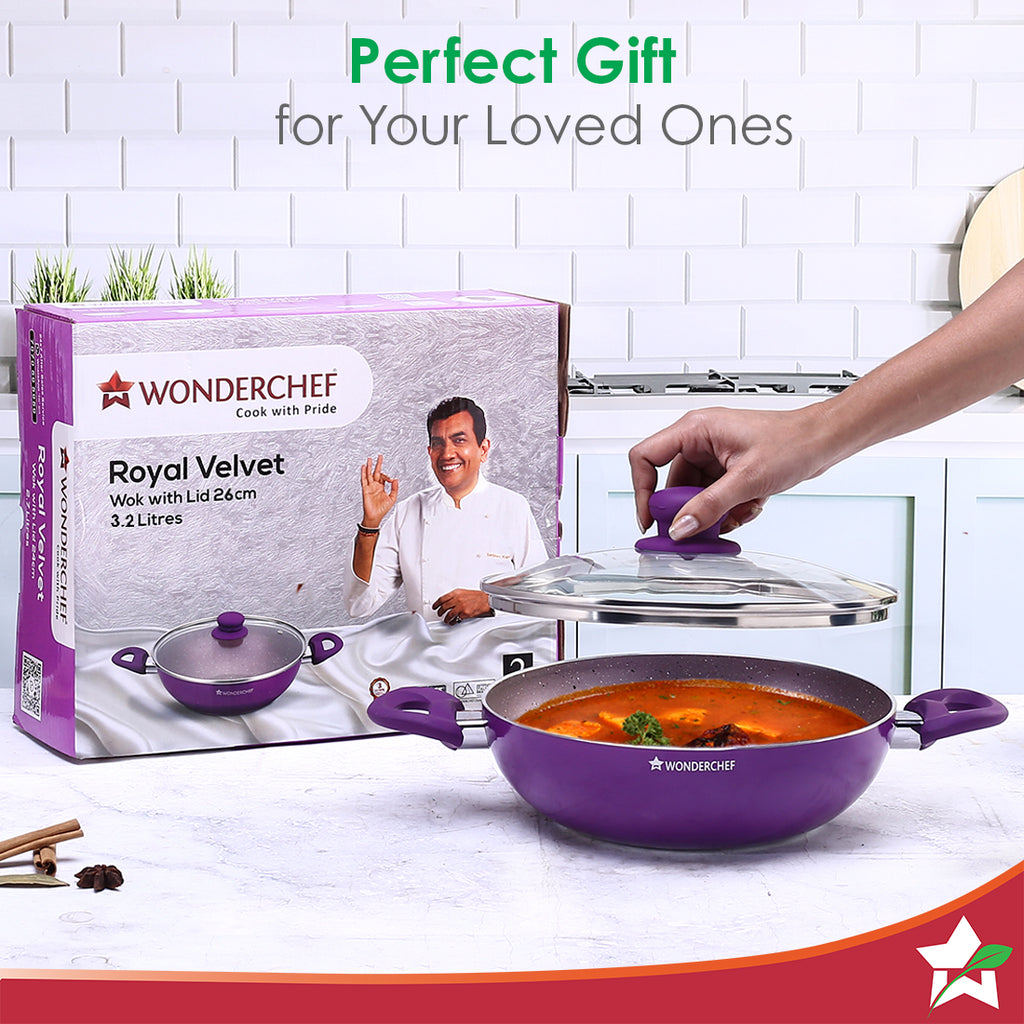 Royal Velvet Non-stick 26cm Kadhai with Lid and Handles | Glass Lid | Induction Ready | Soft-touch handles |Non – Toxic I Virgin Aluminium| 3 mm thick | 2 year warranty | Purple
