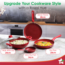 Load image into Gallery viewer, Royal Velvet Non-stick Cookware Set, 5Pc (Fry Pan with Lid, Wok, Dosa Tawa, Mini Fry Pan) Induction bottom, Soft-touch handles, Virgin Grade Aluminium, PFOA/Heavy Metals Free, 3 mm, 2 Years Warranty, Red