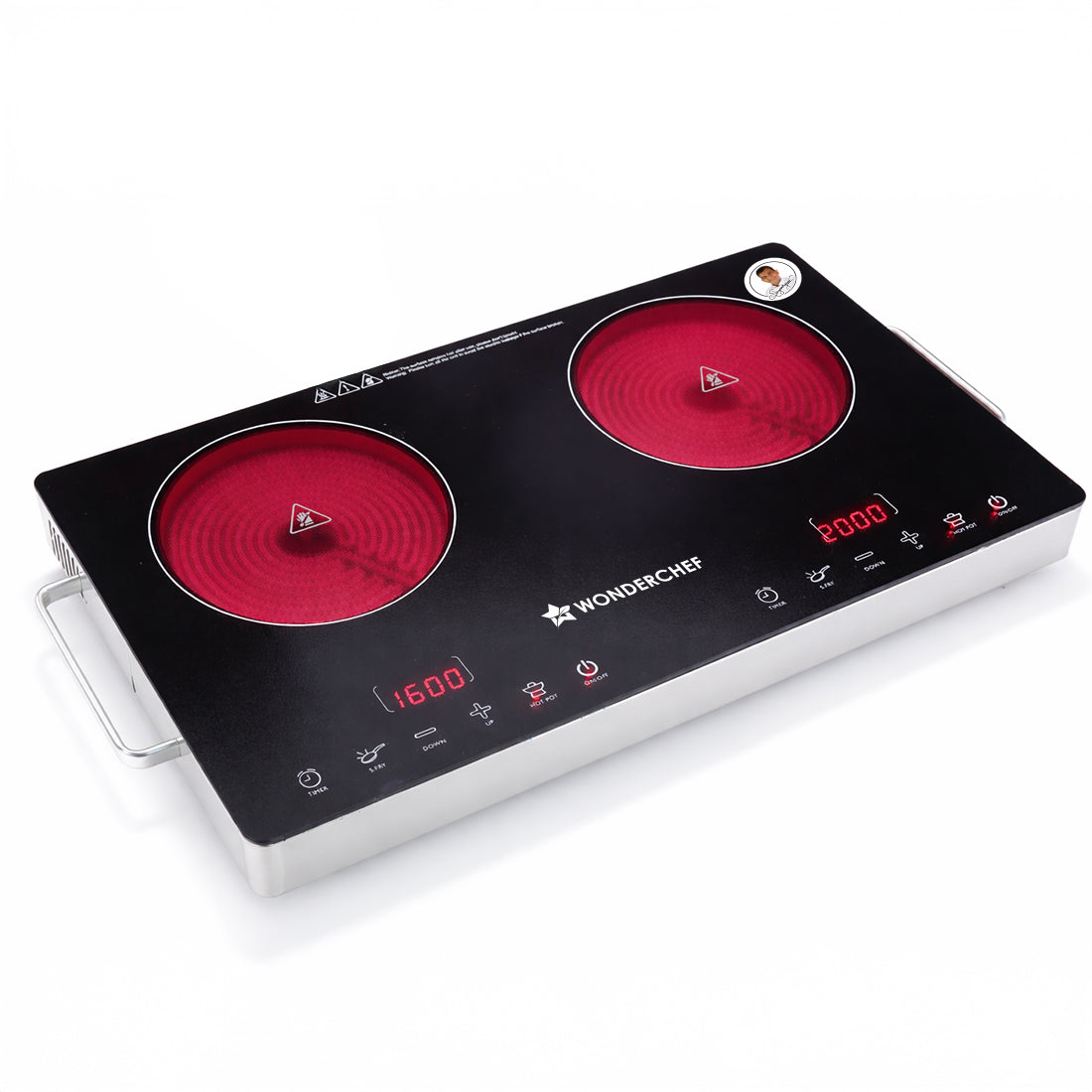 Evita Duo Infrared Electric Cooktop with Crystal Glass Surface, 2 Burners, 1600W/2000W,...