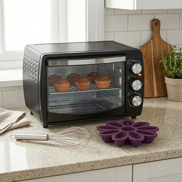 Oven-Lover’s Baking Kit | Oven Toaster Griller (OTG) 19 L, Ambrosia Stainless Steel Hand Whisker Medium, Platinum Silicone Daisy Cake Moulds