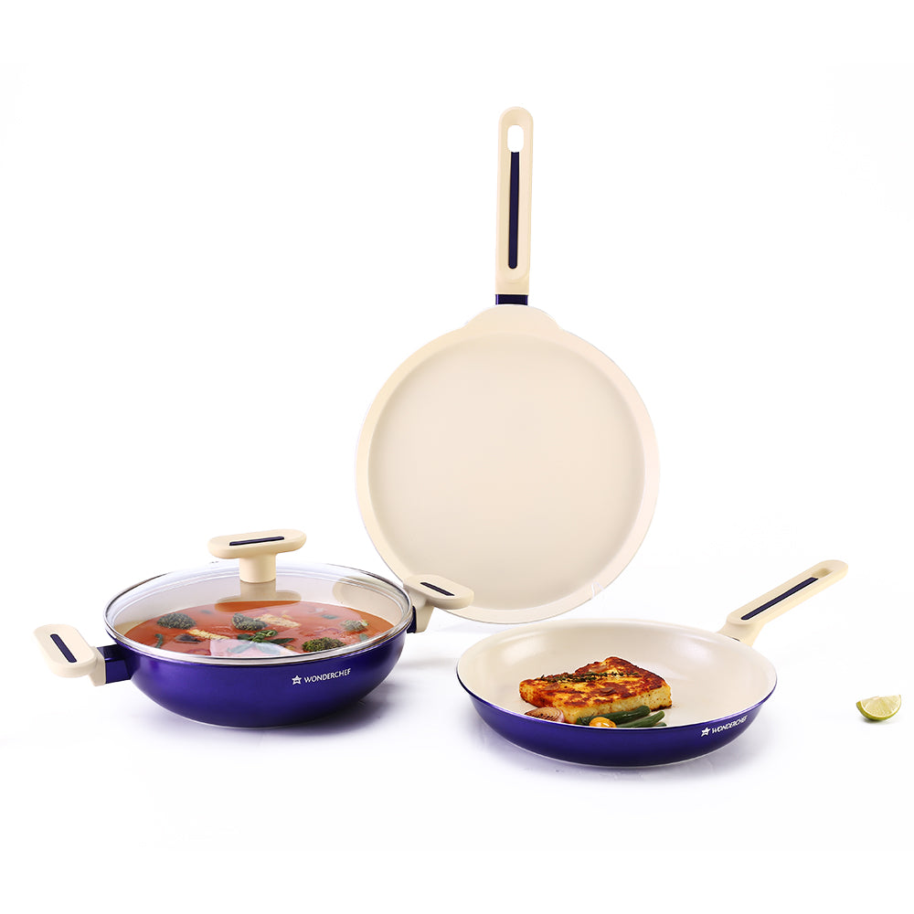 Bellagio Cookware 4 Pc. Set | Kadhai & Lid, Fry Pan, Dosa Tawa | Healthy Ceramic Coatin...