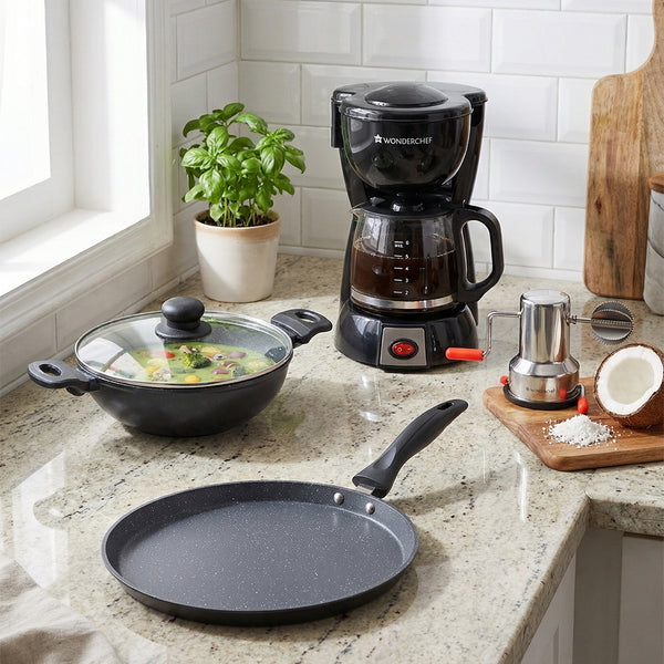 Classic Indian Breakfast Combo | Duralite Die-cast 28 cm Dosa Tawa, Duralite Die-Cast Kadhai with Lid, Onyx Brew Coffee Maker, Stainless Steel Coconut Scraper