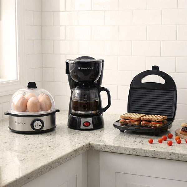 Sunrise Comfort Breakfast Combo | Essenza Instant Egg Boiler, Prato Plus Griller Auto Temp Control, Onyx Brew Coffee Maker