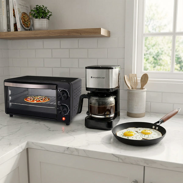 Continental Breakfast Essentials | Pre-Seasoned Ferro Light 24cm Cast Iron Fry Pan, Oven Toaster Griller (OTG) for Kitchen, Regalia Pronto Coffee Maker 600W