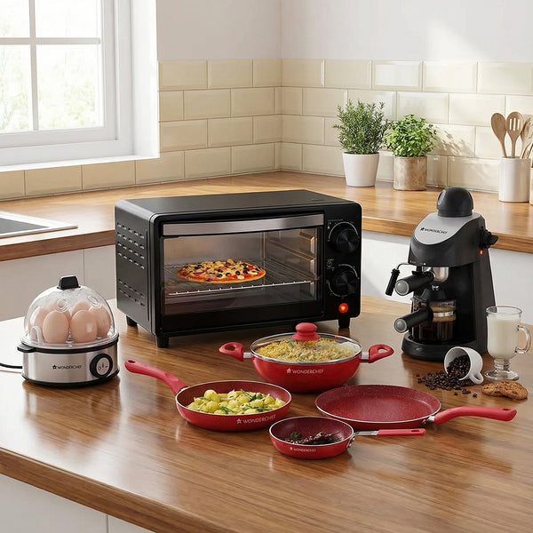 Grand Breakfast Pack | Royal Velvet Non-stick Cookware Set - 5Pc, Oven Toaster Griller (OTG) 10 L, Essenza Instant Egg Boiler, Regenta Espresso Coffee Maker 5-bar