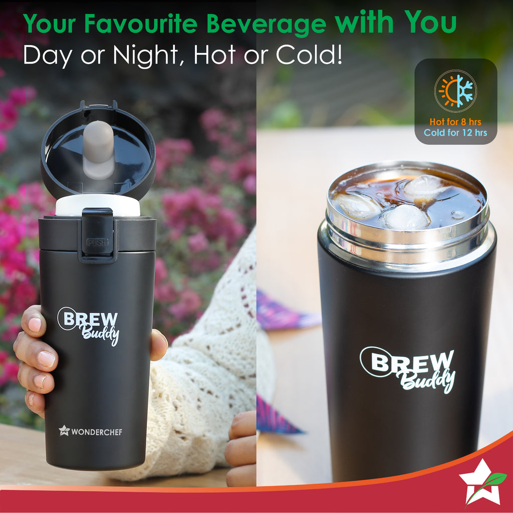 Brew Buddy Portable Coffee Mug | 380 ml | 304 Stainless Steel | Rust Proof | Copper Coated | Double Walled Vacuum Insulation | Safe-Lock System| Anti-Skid Base | 1 Year Warranty