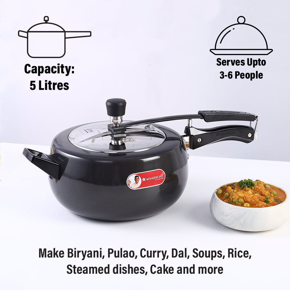 Taurus Hard Anodized 5L Inner Lid Pressure Cooker, SS Lid, Cool Touch Handles for Durability,  Induction Friendly, Black, 5 year warranty, ISI Certified