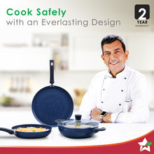 Load image into Gallery viewer, Galaxy Cookware 4 Piece Set | 24 cm Kadhai with Lid, 24 cm Fry Pan, 28 cm Dosa Tawa | Induction Friendly | Cool Touch Bakelite Handles | Pure Grade Aluminium| PFOA Free| 2 Years Warranty | Midnight Blue