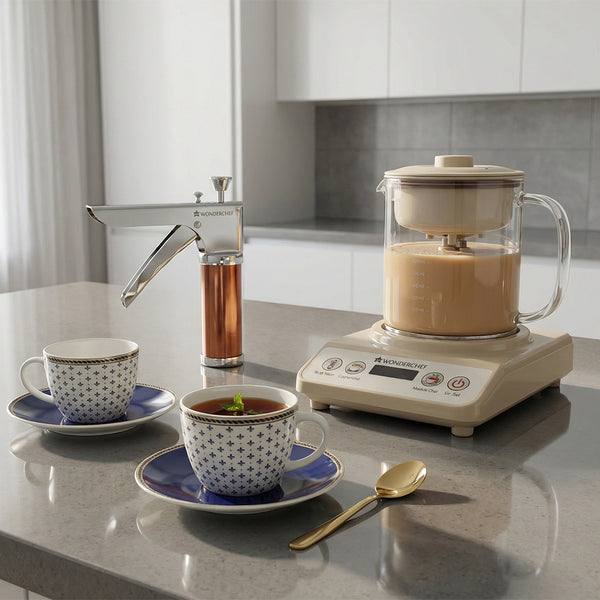 Chai & Snacks Combo | Chai Magic, Fully Automatic Tea & Cappuccino Maker, Sicilia Fine Bone China Cup & Saucer Set - Royal Blue - Set of 2 Pcs, Snacks Maker with 12 different Jalis